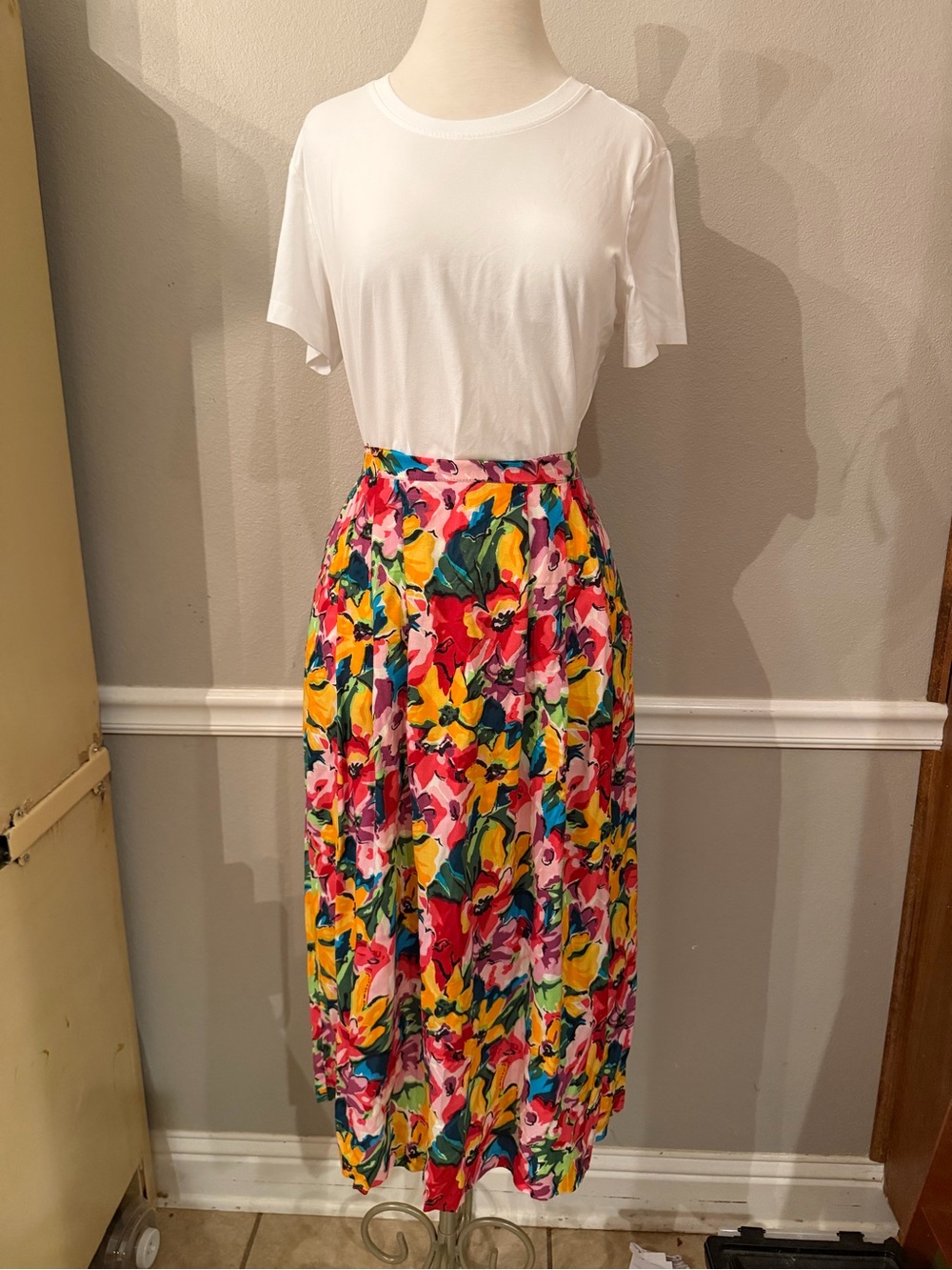 Vibrant Vintage Floral Print MIDI Skirt by Sheridan Square made in USA